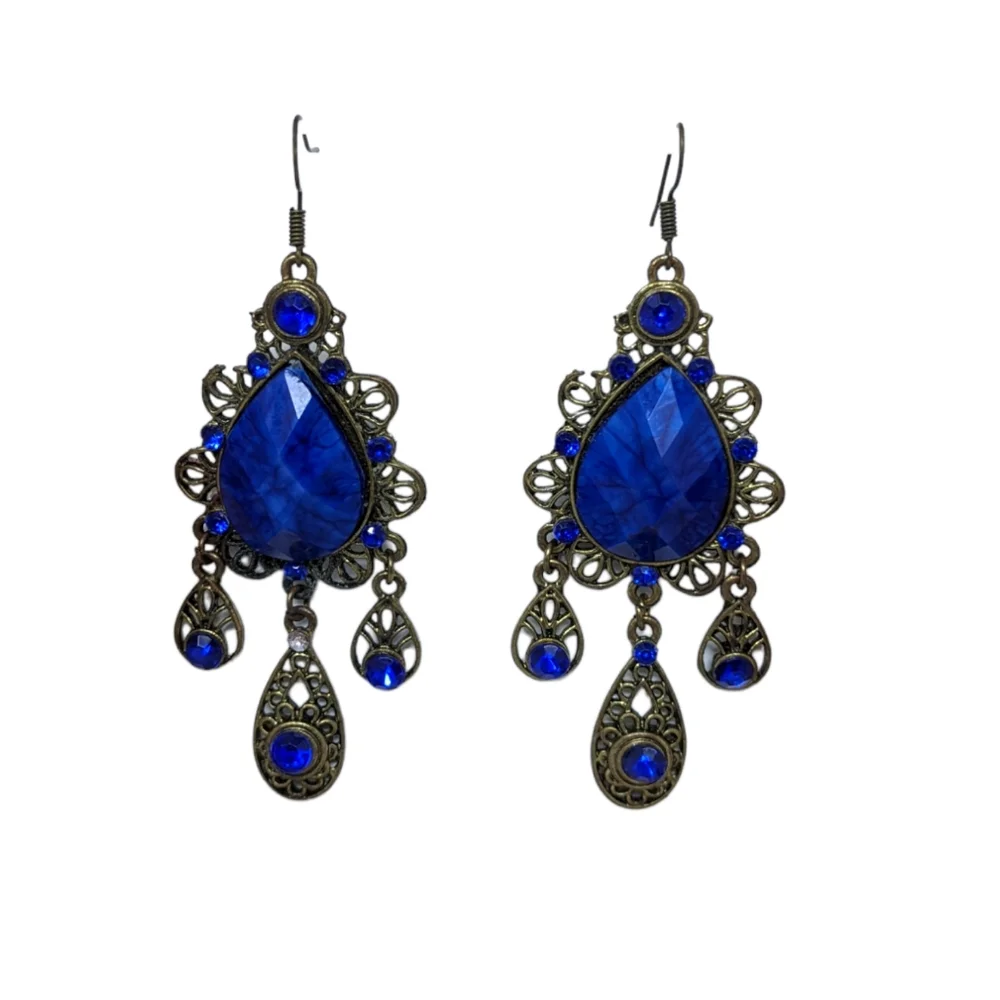 Colbalt Blue Dangle Earrings Filagree Ornate Boho Romantic